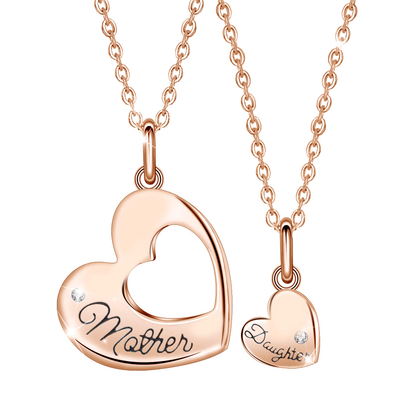 EUDORA Mother and Daughter Necklace Rose Gold Double Heart Double Chains 925 Sterling Silver Pendant Necklace for Women Jewelry Mothers Day Gifts, 18inch Chain