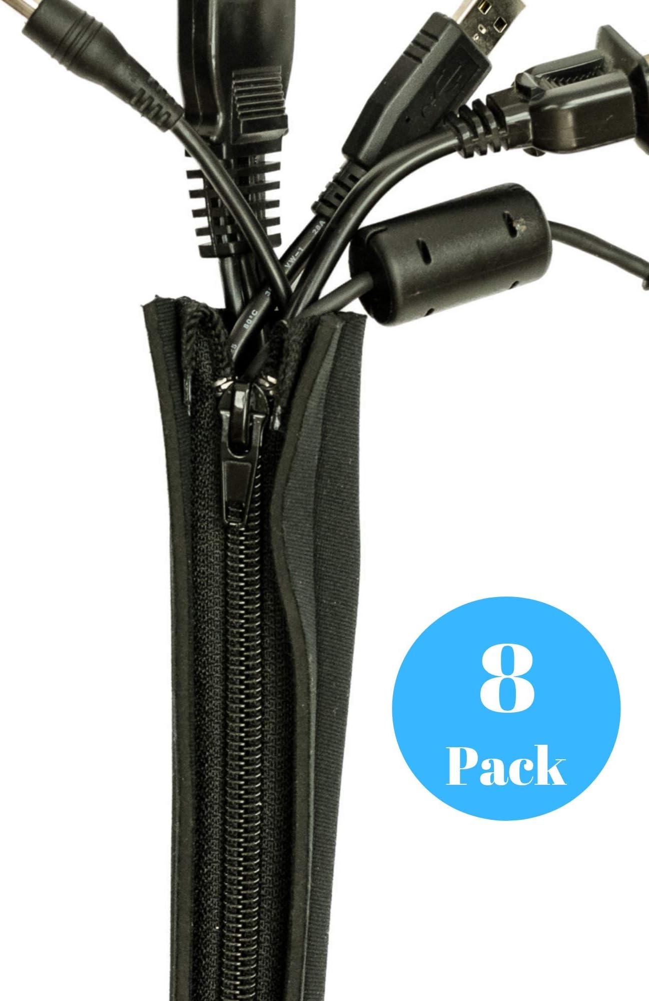 Cable Sleeve, Cable Cover, Wire and Cord Hider - Set of 8 - Computer, TV or Desk Management - Home & Office Organizer Concealer - 20’' - Premium Flexible Neoprene Wrap, Zipper, Conduit - Gift Idea