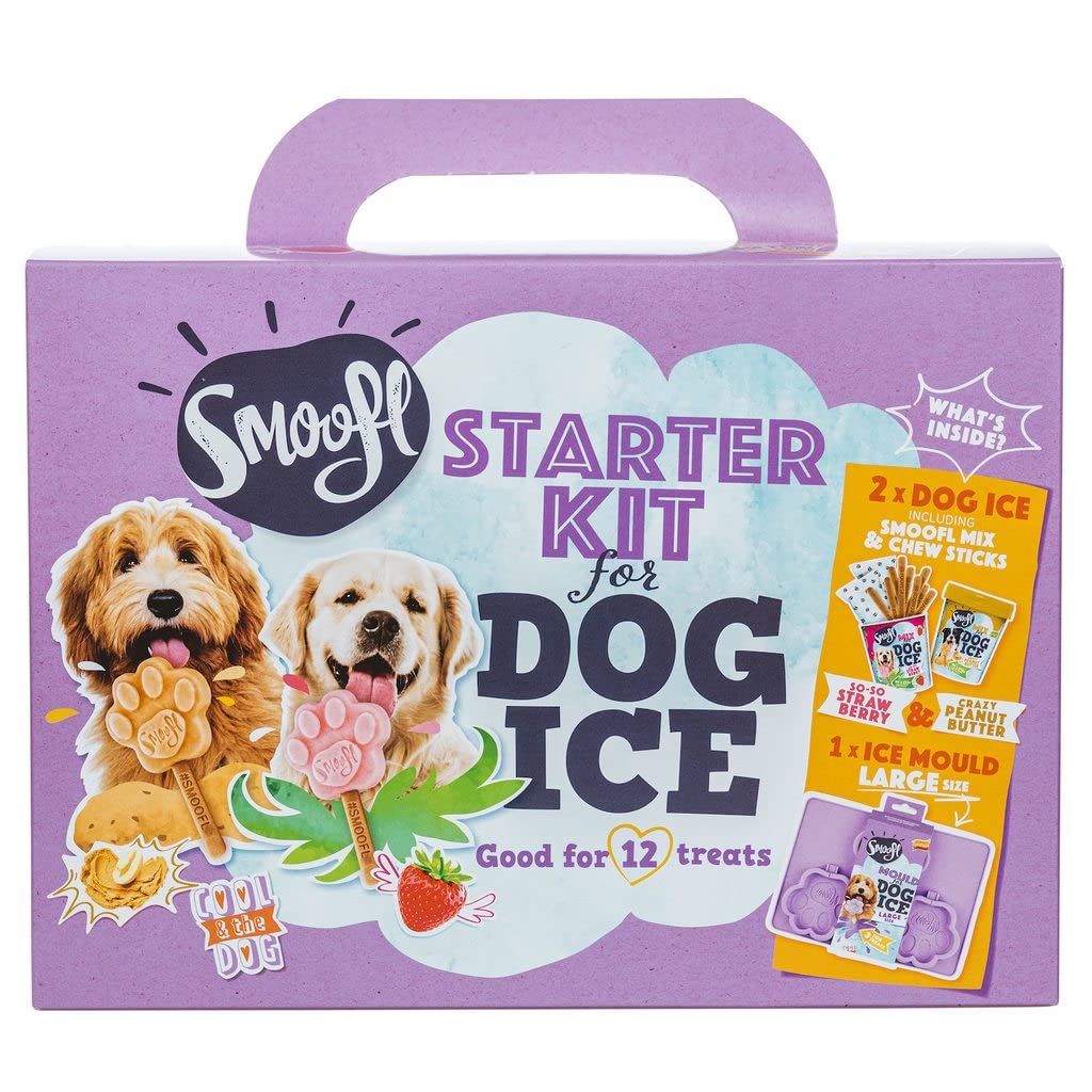 Smoofl dog treats Starter Kit to create your own dog ice cream, Kit with 2 Ice Cream Mixes for Big dogs, Peanut Butter and Strawberry flavoured, a pawshaped Silicone Mould - for 4 Dog Ice Treats