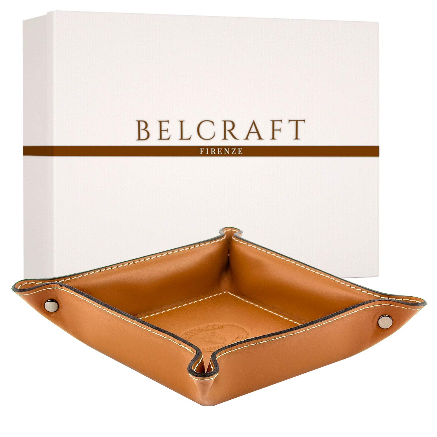 BELCRAFT Orvieto Leather Tidy Tray, Handmade Classic Italian Style, Key Wallet, Coin Box, Tan (19x19 cm)