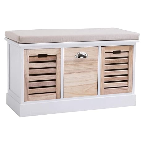 CARO-Möbel Sitzbank TRIENT Garderobenbank Sitztruhe in weiß/Natur mit Sitzkissen und 3 Schubkästen, Vintage Shabby Look Landh