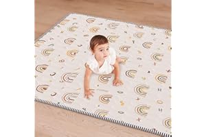 IEBABAY Boho Rainbow Baby Play Mat 71" X 59" Playpen Mat Thicken Baby Floor Mat Non-Slip Cushioned Baby Crawling Mat Letter Playmats for Babies Toddlers Infants Tummy Time Activity (71X59, Beige)