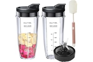 6 Pack Ninja Blender Cups Replacement and Blade, 24oz Ninja Cups for Blender and 7Fins Blade Replacement with Cleaning Brush,