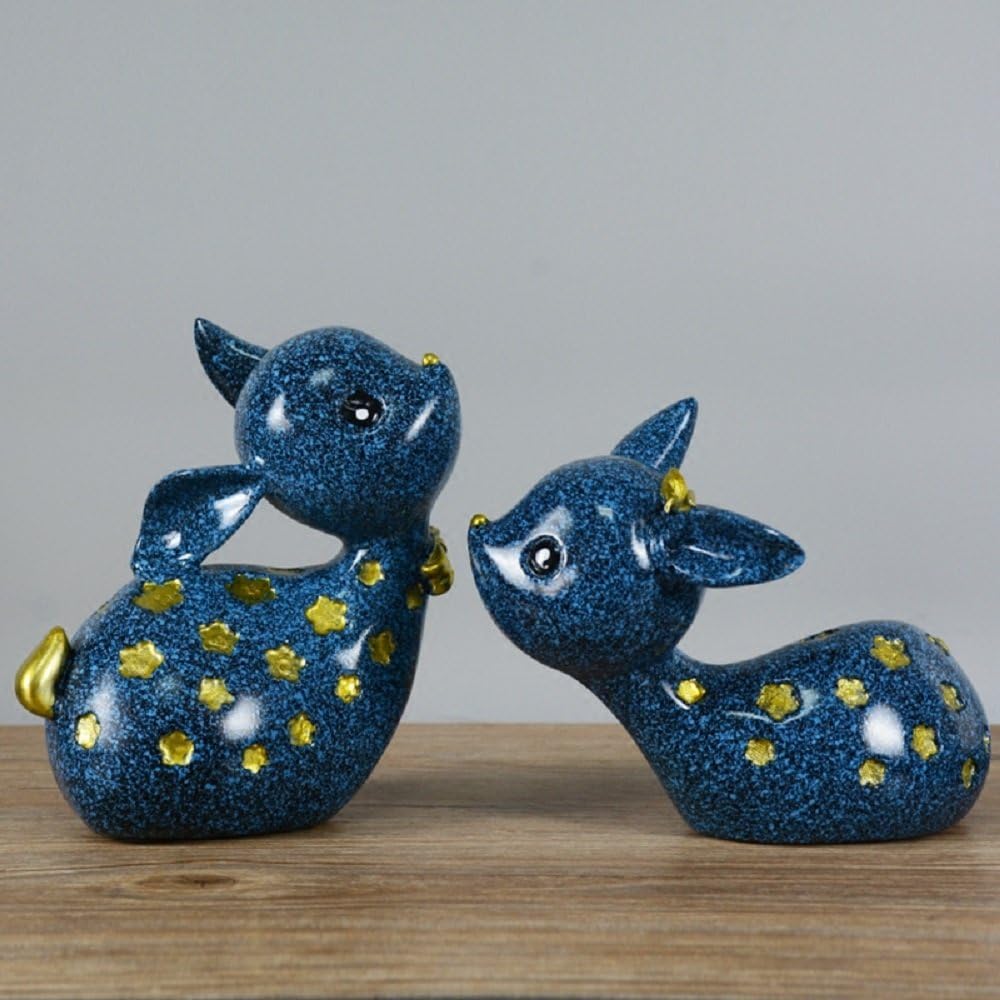 RUIHAI Christmas Lovely Deer Figurine Set of 2 Deer Sculptures Office Home Décors Deer Statues (Blue-2)
