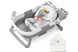 MoreFeel Collapsible Baby Bathtub for Newborn with Thermometer & 1 Hooded Towel & 1 Soft Floating Cushion,Portable Travel Bathtub with Drain Hole, Durable Foldable Baby Tubs for Infants to Toddler