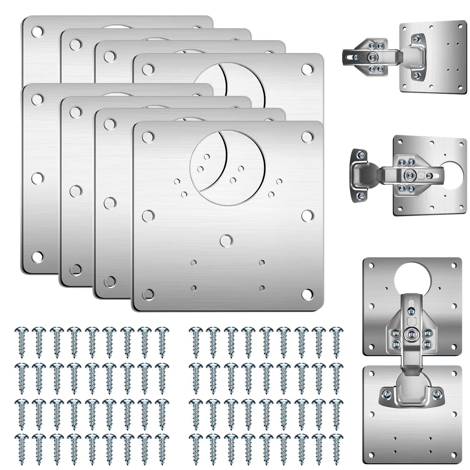 YICEN 8PCS Cabinet Hinge Repair Plate with 72PCS Customized Screws,Kitchen Cupboard Door Hinge Repair Plate Kit, Stainless Steel Cupboard Door Hinge Repair Brackets with Holes