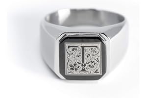Tioneer Jewelry | Stainless Steel Letter Alphabet Initial Ring | Square Flat Top Ring for Men & Women | Stainless Steel Jewelry, (Black, Gold, Silver), Size 7-16
