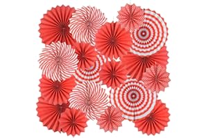 MIFENGDA 18Pc Party Hanging Paper Fans Set - Red Folding Round Fan Wall Decor, Paper Garlands Flower Decoration for Birthday, Festival, Wedding, Graduation Events Accessories