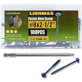 LIONMAX Pocket Hole Screws 2-1/2 Inch, 100 PCS Exterior Pocket Screw #8 x 2-1/2", Coarse Thread, Square Drive, Washer Head, Blue Coated Weather Resistant, 150MM Drive Bit Included