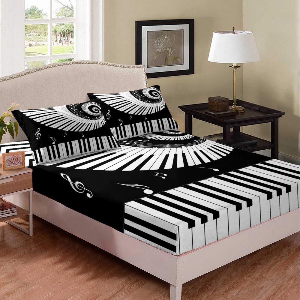 Black and White Sheet Set Musical Note and Piano Keyboard Printed Fitted Sheet Music Theme Bedding Set 3pcs Microfiber Bed Sheet Set (1 Fitted Sheet + 2 Pillow Cases) King Size