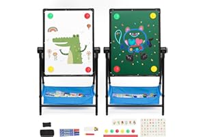 ARKYOMI Kids Art Easel Double-Sided Easel Designed with Height Adjustable Function & Large Storage Bag Whiteboard & Chalkboard 360°Rotating Kids Drawing Easels for Kids Toddlers (26inch-43inch)