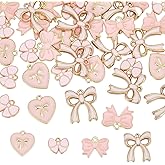 SUNNYCLUE 1 Box 40Pcs 4 Styles Pink Bow Charms Bowknot Charm Alloy Enamel Flat Lolita Cute Gold Bows Tie Heart Charm for Jewelry Making Charms DIY Keychain Bracelet Earrings Necklace Valentine