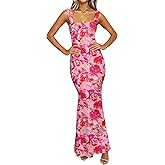 Caracilia Dresses for Women Summer 2026 Sleeveless Mesh Bodycon Floral Maxi Formal Wedding Guest Dress Party Spring