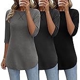 Riyiper 3 Pack Elbow Length Tee Shirts for Women 3/4 Sleeve Tunic Tops Round Neck Curved Hem Leggings Blouse