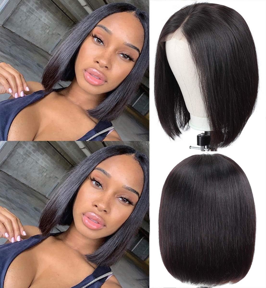 Human Hair Lace Front 4x4 Wigs Bob 10 Inch 150 Density Brazilian Virgin Human Hair Short Bob Wigs Straight Hair Natural Color (10")