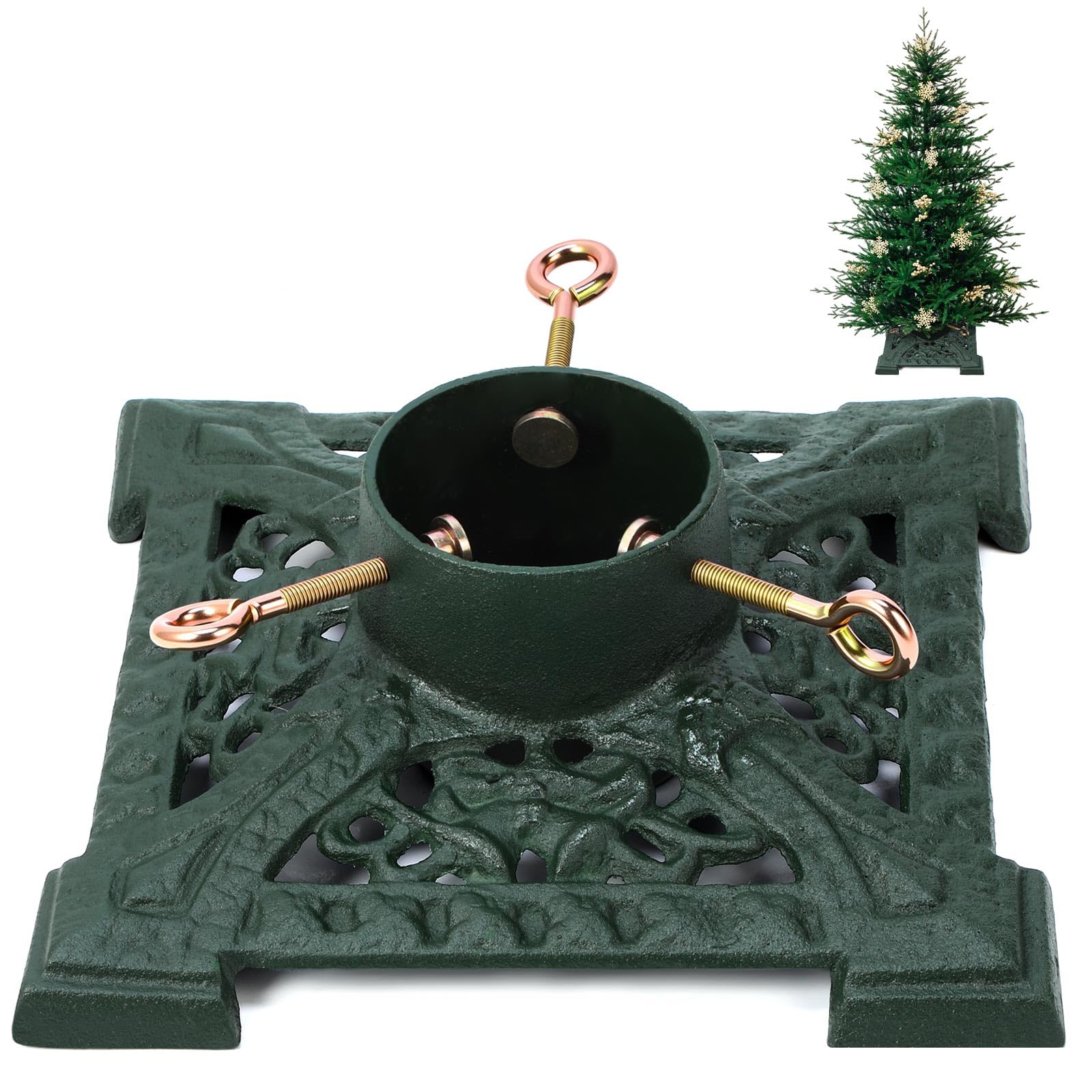 Photo 1 of Huwena Christmas Tree Stand with Water Reservoir 8ft Christmas Tree Holder Real Xmas Artificial Trunks Stand Fits Up to 5" Pine Holder Base Cast Iron for Xmas Rustic Decoration Square(Green,Elegant)