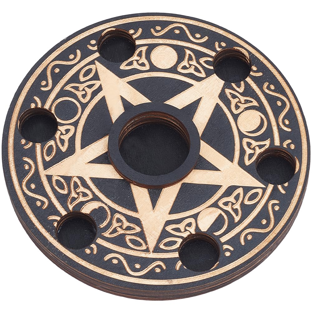 CREATCABIN Pentagram Wooden Crystal Sphere Display Stand Crystal Holder Witch Stuff Wiccan Altar Flat Round Decor Witchy Supplies Small Tray for Crystal Ball Stone Rock Divination Witchcraft Black