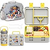 rockpapa 5 Compartment Bento Lunch Box for Kids with Uensils & Insulated Water Bottle & Lunch Bag with Strap, BPA-Free Lunch box Containers Set for School Boys Girls Ages 3+ (Grey Constr Trucks)