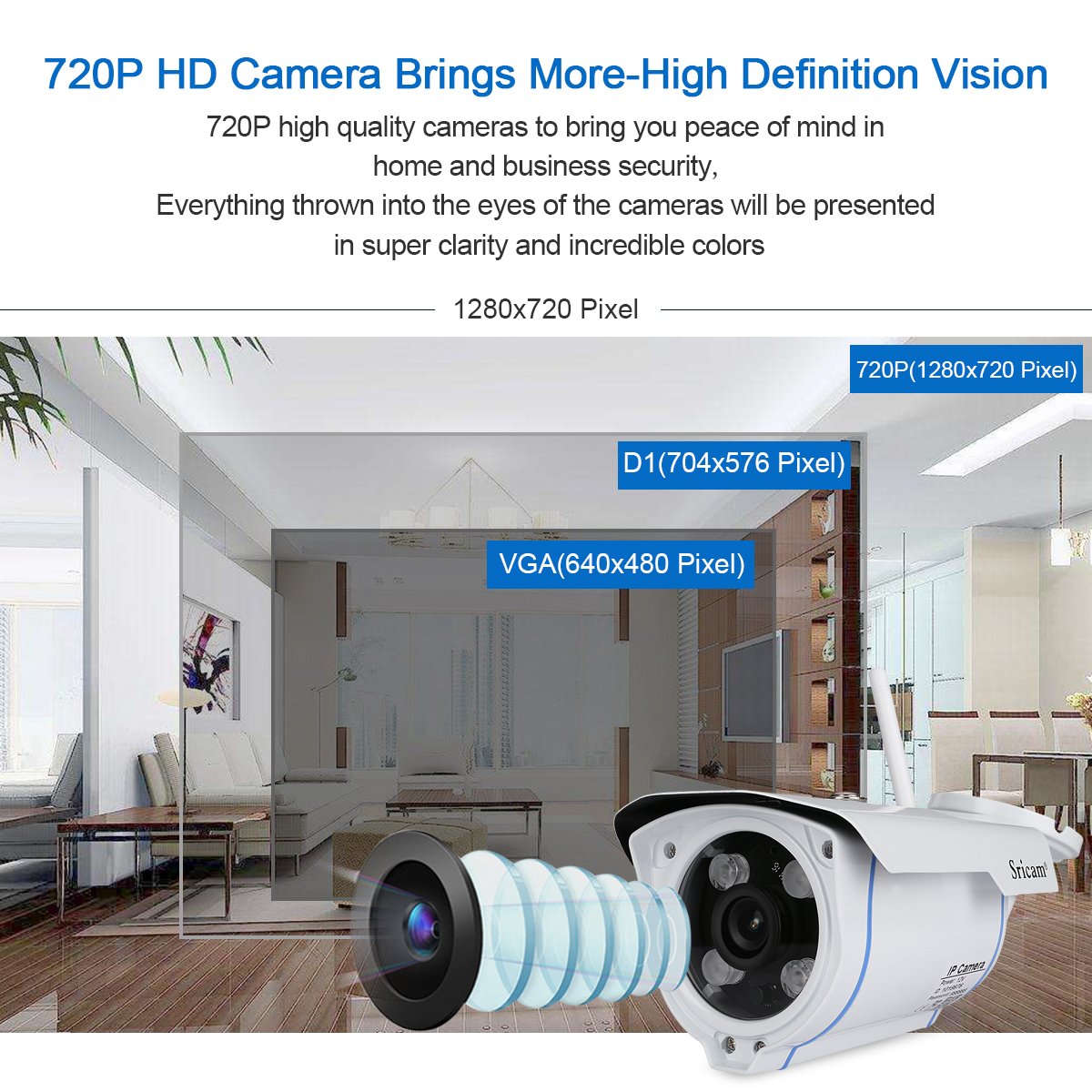 Sricam Wireless IP Camera 720P Outdoor Security Camera H.264 ONVIF IR-CUT with Automatic Night Vision Support IOS and Android System/Remote View/Motion Detection