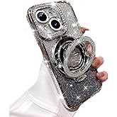 AuroiCCY Magnetic Case for iPhone 15 with Holder Stand, [Compatible with Magsafe] Bling Glitter Diamonds Rhinestone Camera Lens Protector for Woman Girly Cute Phone Cover for iPhone 15 6.1" (Silver)