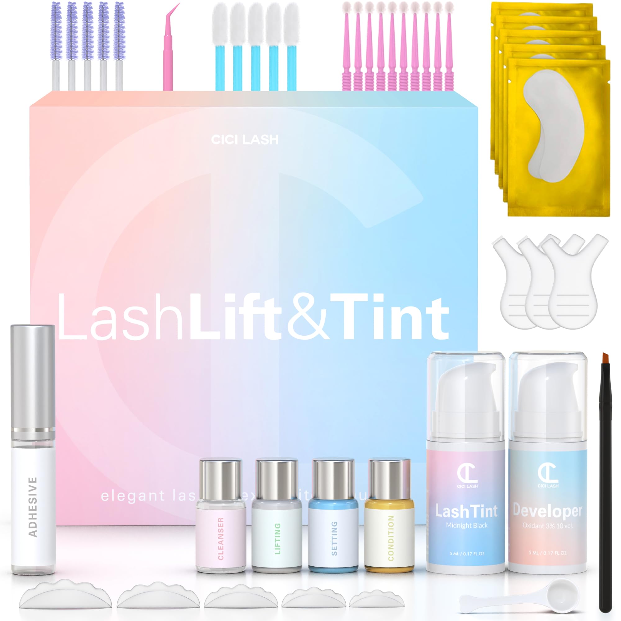 Lash Lift and Tint Kit with Keratin Conditioning by CICI | Instant Professional Perming, Lifting & Tinting for Eyelashes | Black Color Dye | Long-Lasting Salon Results At Home | DIY Tools and Supplies