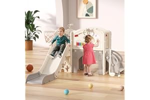 BIERUM Toddler Slide Set, 13 in 1 Kids Indoor Slide for Toddler 1-3, Indoor Outdoor Toddler Slide Playset with Basketball Hoop, Golf Game & Drawing Board, Baby Indoor Slide Playground, Cream&Gray