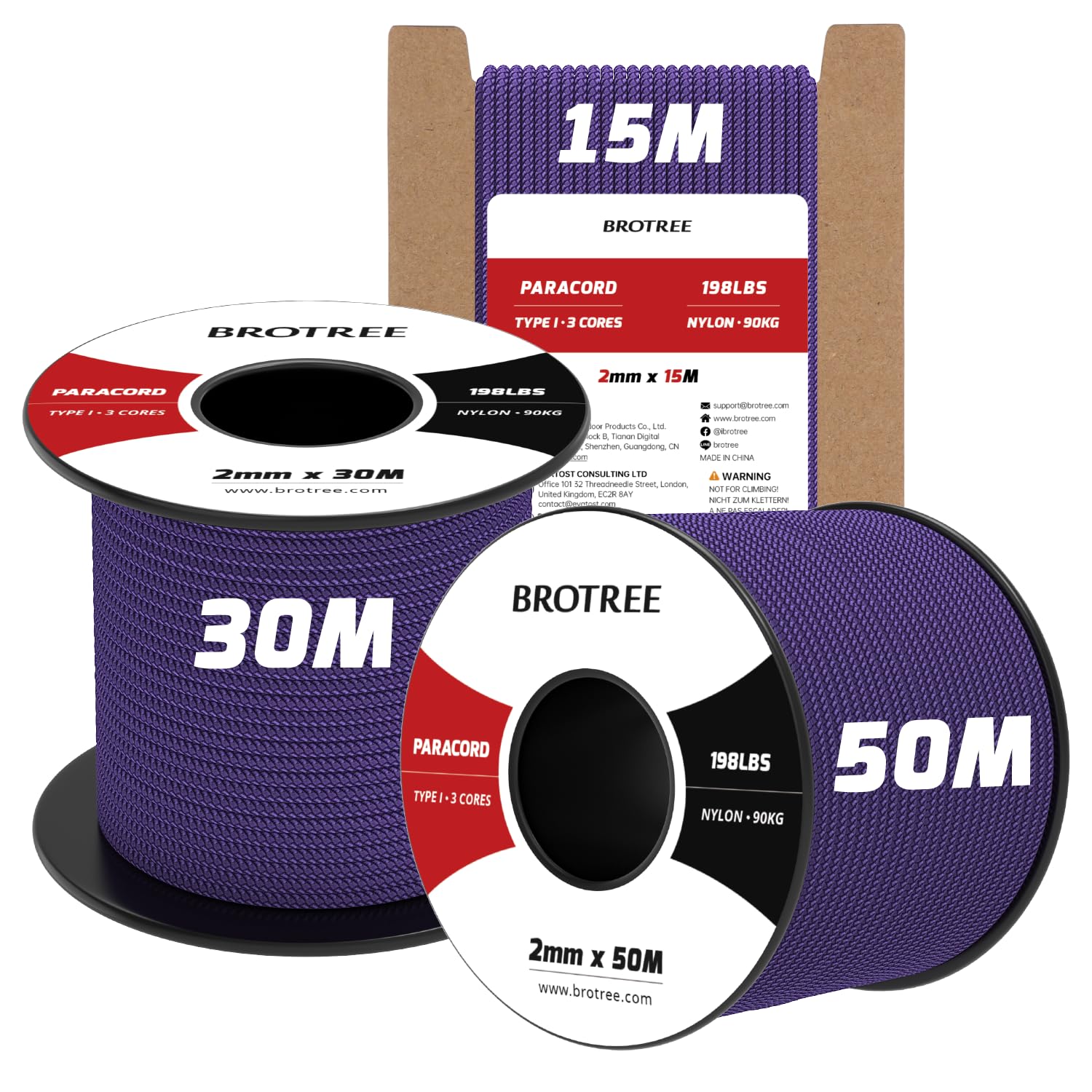 Brotree 2mm Paracord 3 Strands 50M 100% Nylon Rope Parachute Cord for Outdoor, Craft, DIY - 90kg Breaking Load (Purple) — image 1