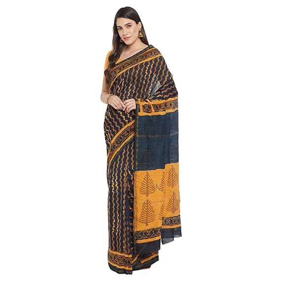 Finest Quality Chanderi Handprinted Saree with Blouse Piece-Black and Orange RDSWSA0073 Traditional