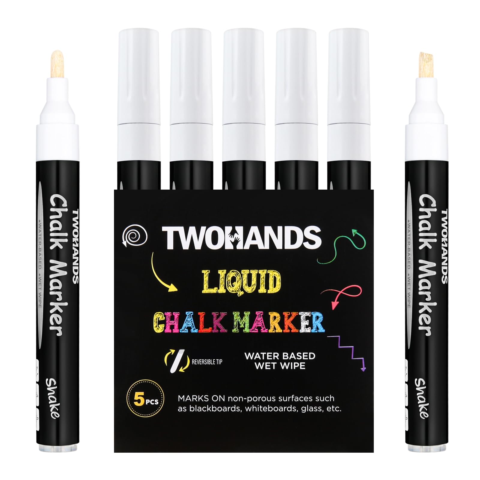 Photo 1 of TWOHANDS White Chalk Markers,White erase markers for Blackboard,Chalkboard,Windows,3mm Reversible Bullet & Chisel Point,19530
