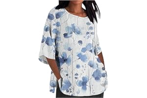 DOVFORD Linen Tops for Women 2024 Oversized Summer Shirt 3/4 Length Sleeve Tshirt Loose Casual Print Tee Trendy Ladies Blouse