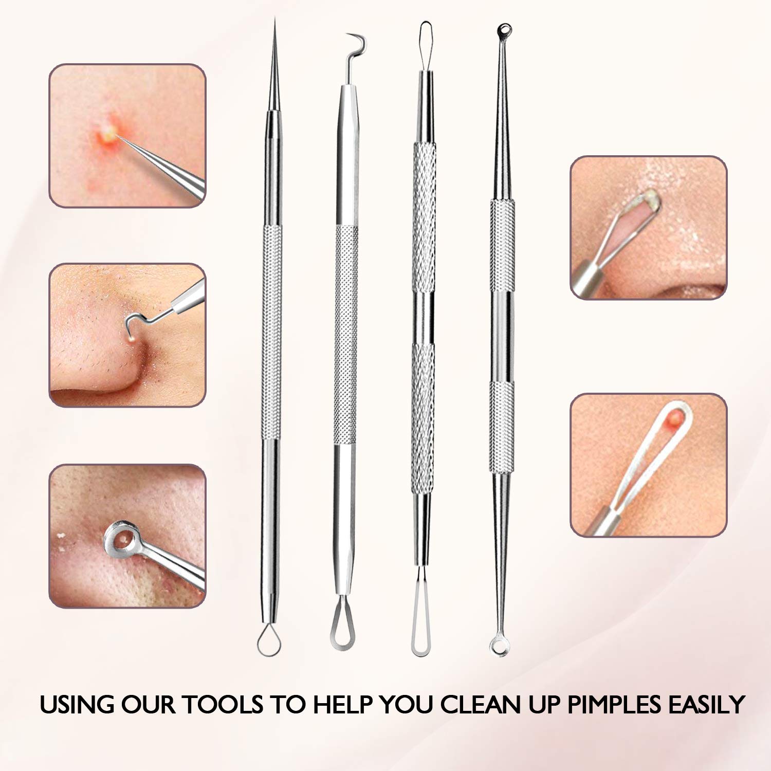 LUBEAU Blackhead Remover Tool Pimple Popper Acne Pimple Comedone Extractor Spot Remover Tool for Whitehead Blemish Zit, Facial Care Skin Protect with Leather Case and Mirror (6 pcs)