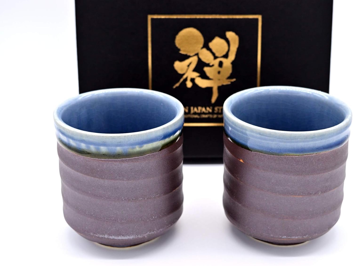 Japanese Mino Yaki Sushi Yunomi Tea Cup 2pc set, 10 oz, 3.3/3.3/3.5 inch (Brown&Blue)
