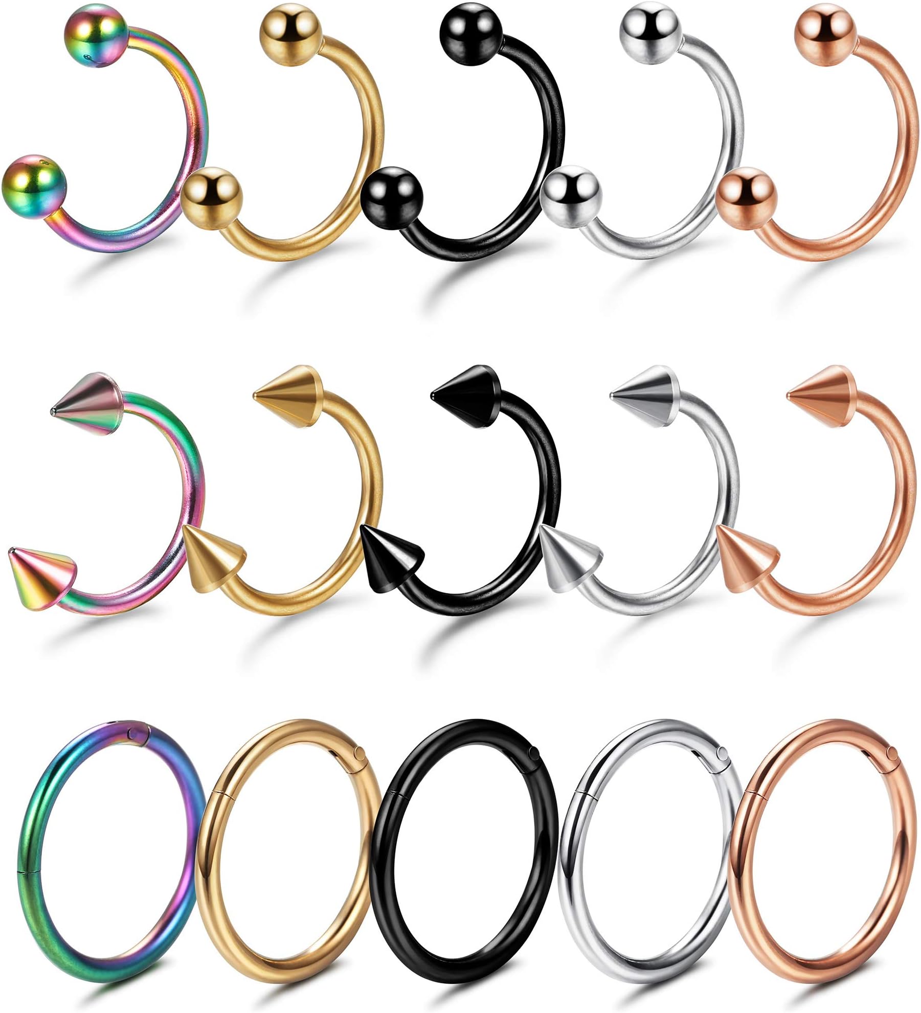 15 Pcs Set 1.2 mm Stainless Steel Fake Nose Ring Faux Piercing Jewelry Hoop Fake Nose Ring Faux Lip Septum Nose Ring 8mm/ 10mm Inner Size
