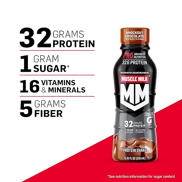 MUSCLE MILK PRO ADVANCED NUTRITION PROTEIN SHAKE, KNOCKOUT CHOCOLATE, 11.16 FL OZ (PACK OF 12), 32G PROTEIN, 1G SUGAR, 16 VITAMINS & MINERALS, 5G FIBER, WORKOUT RECOVERY, ENERGIZING SNACK, PACKAGING MAY VARY
