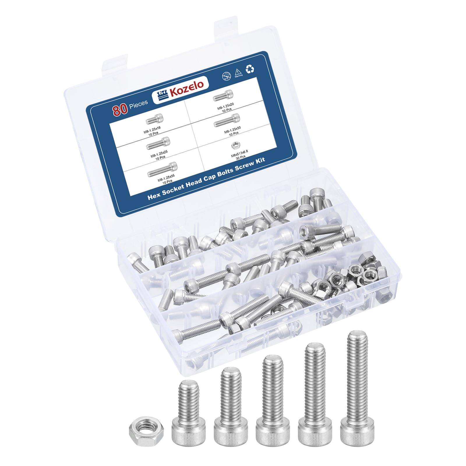 Kozelo 80pcs M8 Socket Head Cap Screws Bolts Nuts Assortment Kit - [M8x16mm] 304 Stainless Steel Allen Socket Drive for 3D Printer