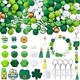 Lunmon 150 Pcs St. Patrick's Day Silicone Focal Beads Set 12/14/15mm Shamrock Gnome Assorted Shapes Green Beads Bulk for Keychain Bracelet Making with Keychain Tassels for Irish DIY Necklaces Crafts