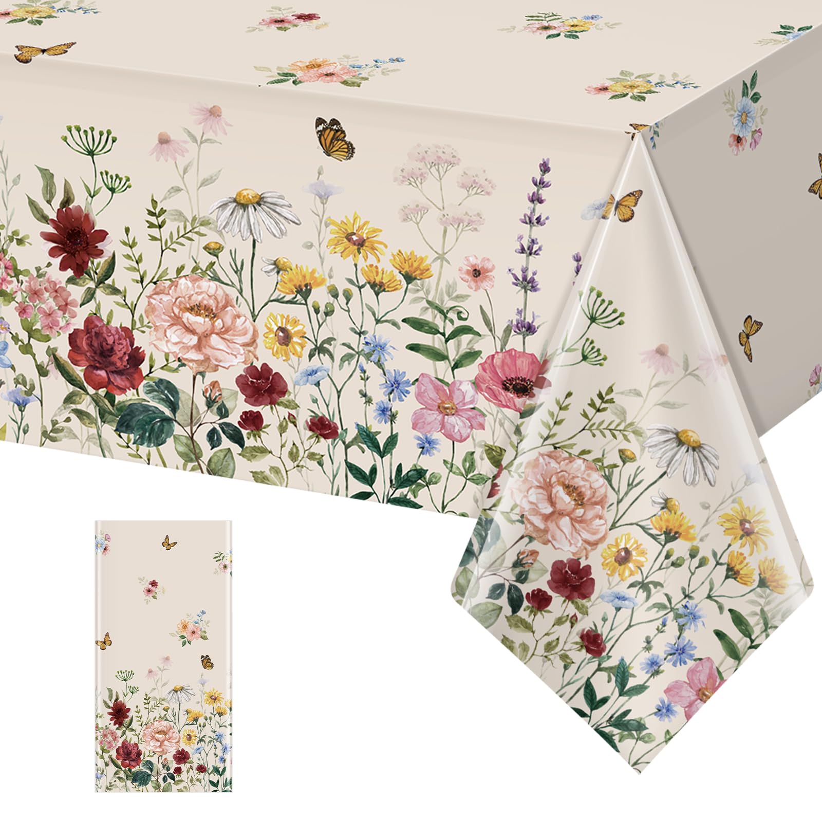 Photo 1 of 1 Pcs Spring Floral Tablecloth, Butterfly Wildflower Plastic Disposable Tablecloth Rectangle Table Covers for Easter, Birthday, Wedding, Mothers Day Tea Party Supplies and Decorations,54 x 108 Inch
