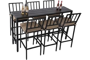 Sumshadow Outdoor Patio Bar Set, Bar Height Patio Dining Set, Weather-Resistant Bistro Counter Pub Set with Cushions & Slatted Tabletop for Backyard, Garden, Yard (63" Table, 6 "I Style Stool, Black)