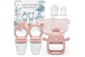 4 Pack Silicone Teething Mitten for Babies with Baby Fruit Food Feeder & Freezer Tray Set, BPA Free Infant Teething Relief To