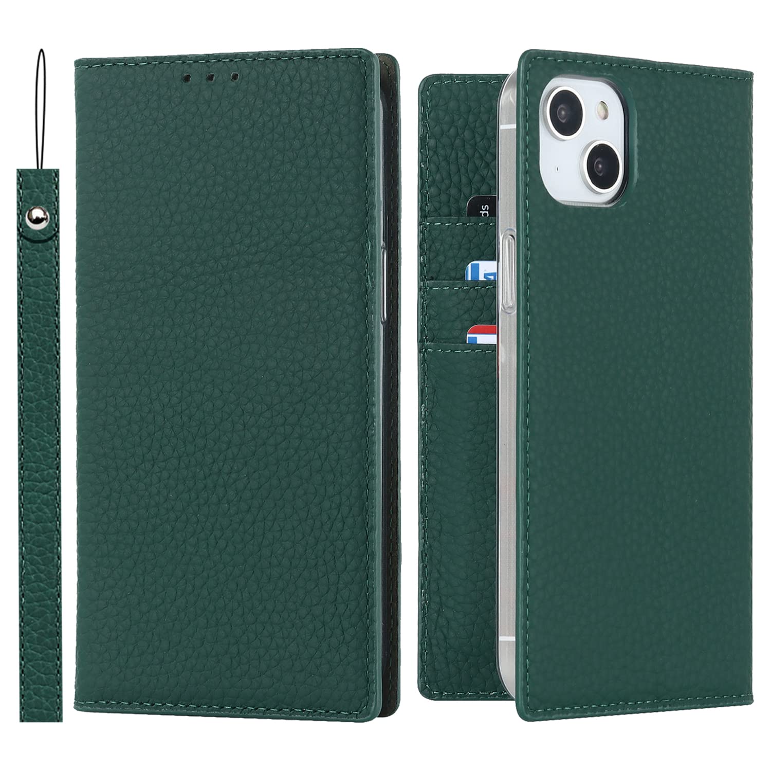 Cavor Phone Case Compatible for iPhone 14 Plus,Genuine Leather Flip Wallet Case,[3 Card Holders][Magnetic Closure][RFID-Blocking][Lanyard],Protective Case Cover for iPhone 14 Plus - Dark Green — image 1