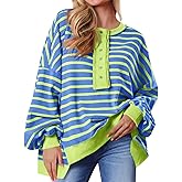 Tankaneo Womens Oversized Striped Sweatshirts Henley Shirts Color Block Casual Pullover Waffle Knit Tops