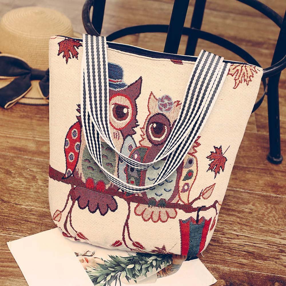 Allegorly Femme Sac à Main en Toile, Hibou Impression Grande Capacité Ordinateur Portable Sac à BandoulièRe Beige Marine Gris Toile Cartoon Main Dames Sacs Fourre-Tout a Femmes Bandoulieres Pas