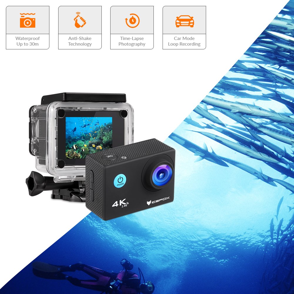 Action Cam 4k, icefox Unterwasser 30M Sport Action Kamera mit 2 wiederaufladbaren Akku, WIFI Fernbedienung, 2.0 Display, 1080P HD Aufnahme für Tauchen, Motorrad, Surfen, Bootfahren und Skifahren