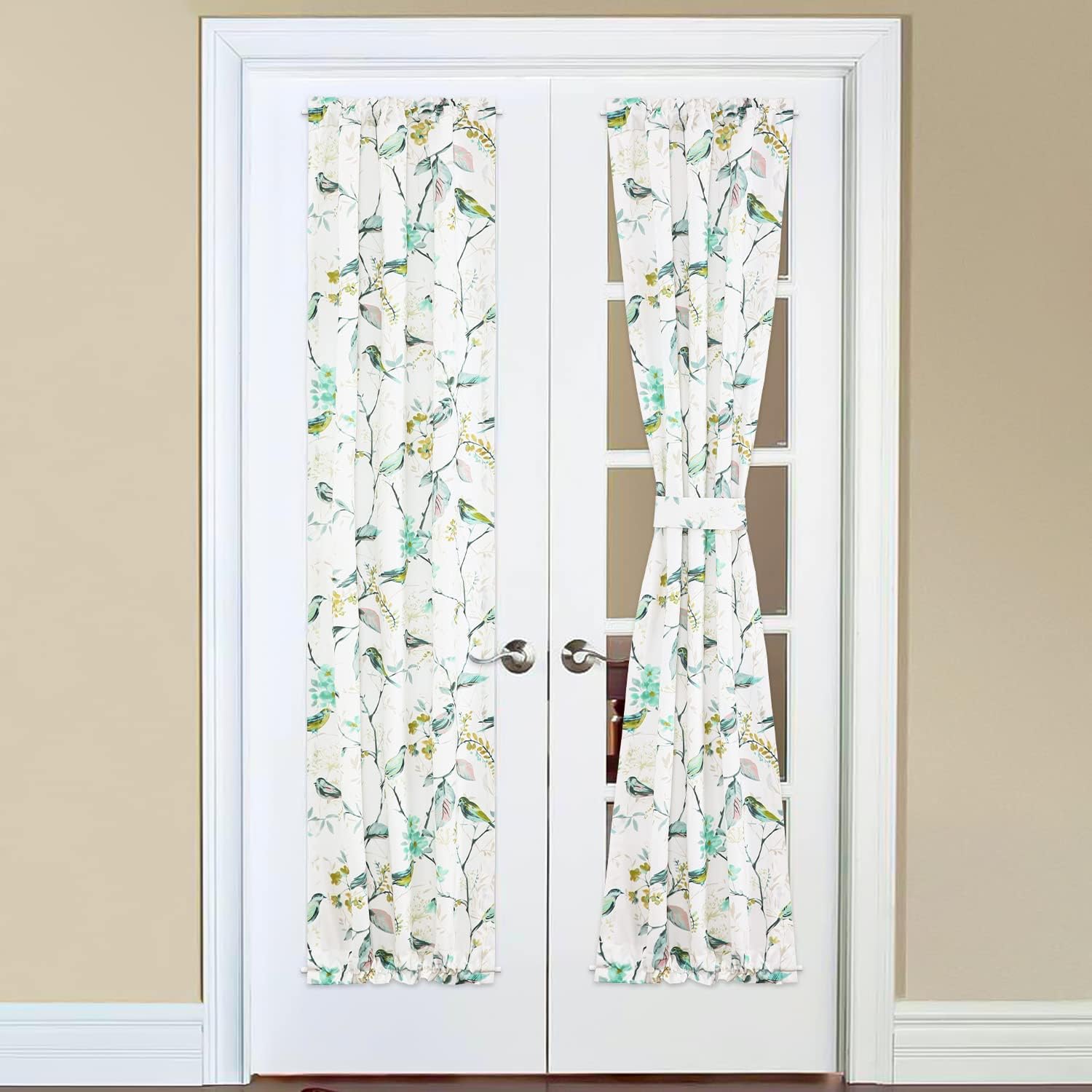 Outdoor Curtains - VOGOL French Door Panels, 72 Inches Long Natural Style French Door Curtains, Green Birds & Flowers Printed Pattern for Front Glass Door Back Entry Door, 1 Peel, 25 x 72
