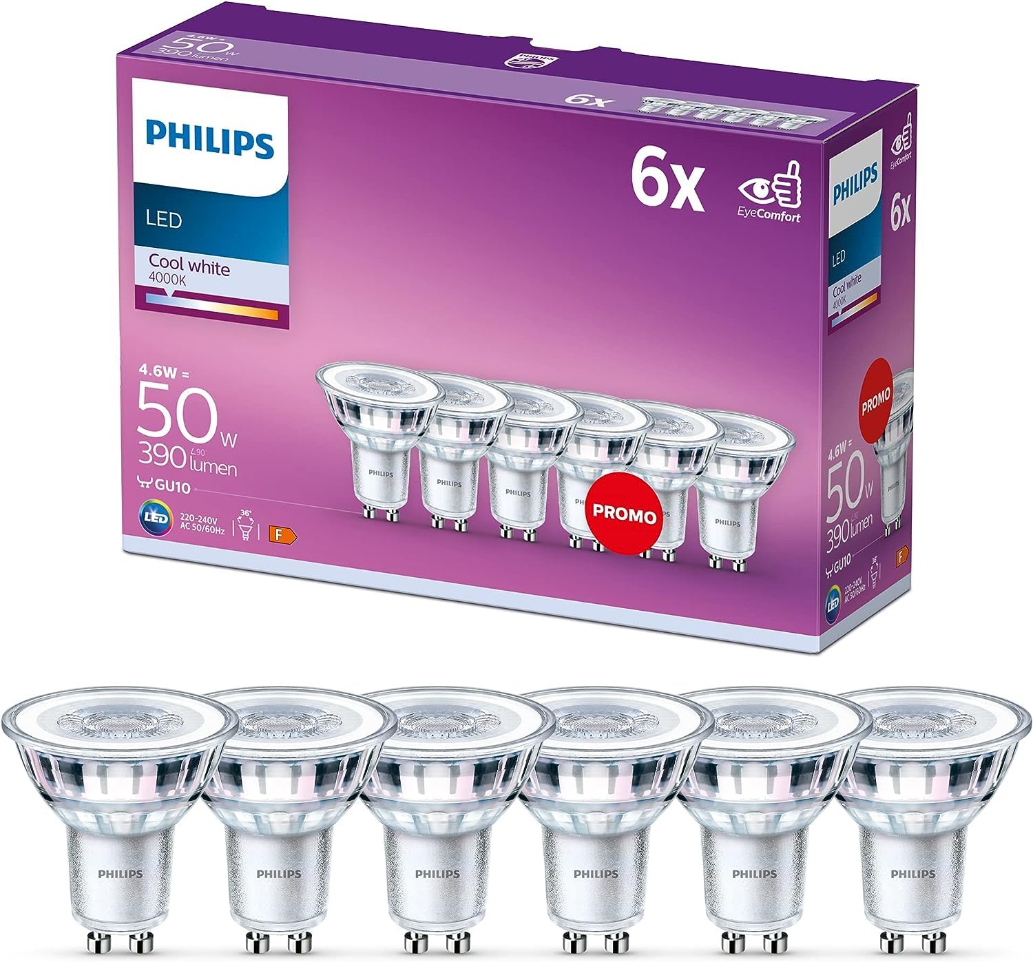Philips LED Classic 6 Pack [GU10 Spot] 4.6W - 50W Equivalent, 220 - 240V, Cool White 4000K (Non-Dimmable)