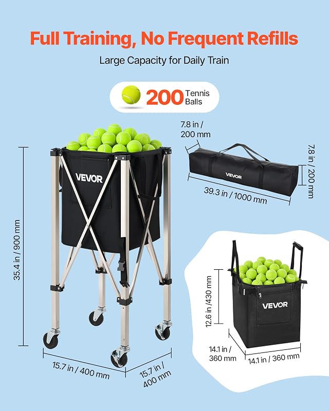 Panier à Balles de Tennis avec roulettes, Capacité de 200 Balles, Chariot Pliable Ramasse-Balles en Acier INOX, Panier Portable pour Entraînement de Tennis et Pickleball, avec Sac de Rangement