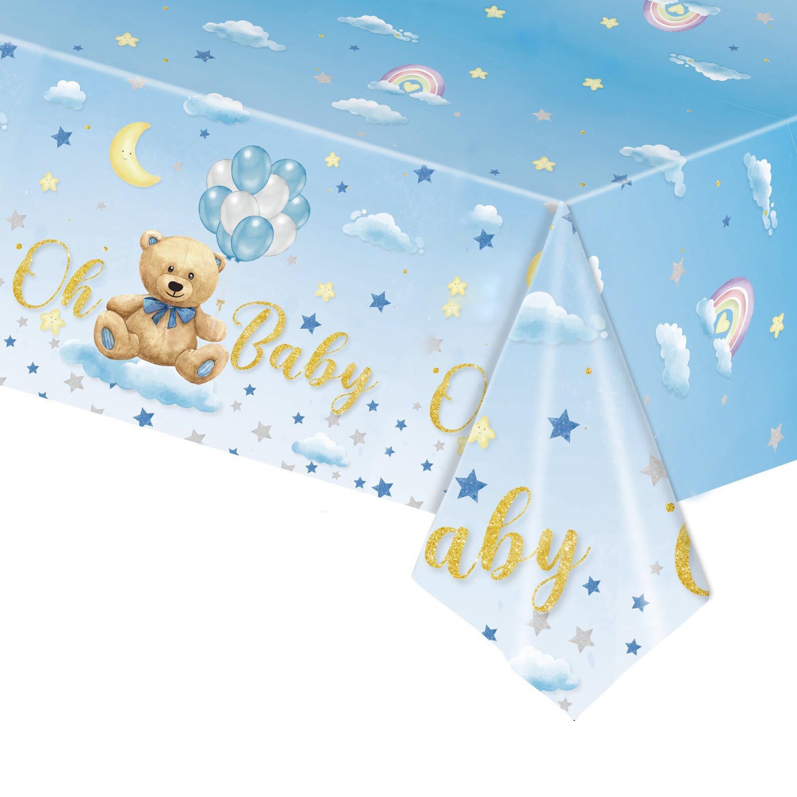 POPOYU Baby Blue Bear Shower Party Table Cloth,New Born Decor Disposable Tablecloth 54 x 108 Inches Rectangle Plastic Waterproof Cover for Boy Gender Reveal Supplies