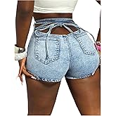 WDIRARA Women's Lace Up Back Mini Denim Shorts High Waisted Skinny Jean Shorts