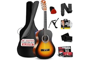 PYLE 39” Acoustic Guitar- 4/4 Size Linden Wood Brown Gloss, 6 Nylon Strings w/Gig Bag, Tuner, Extra Strings, Picks, Strap- Ad
