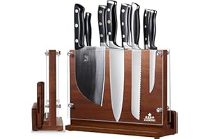 ENOKING Magnetic Knife Block with Acrylic Shield 12 x 9 Inches, Double Side Kitchen Knife Holder Without Knives- Acacia Wood 